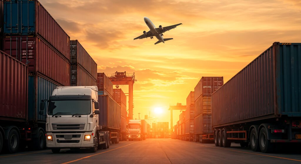 global shipping logistics sunset with airplane trucks