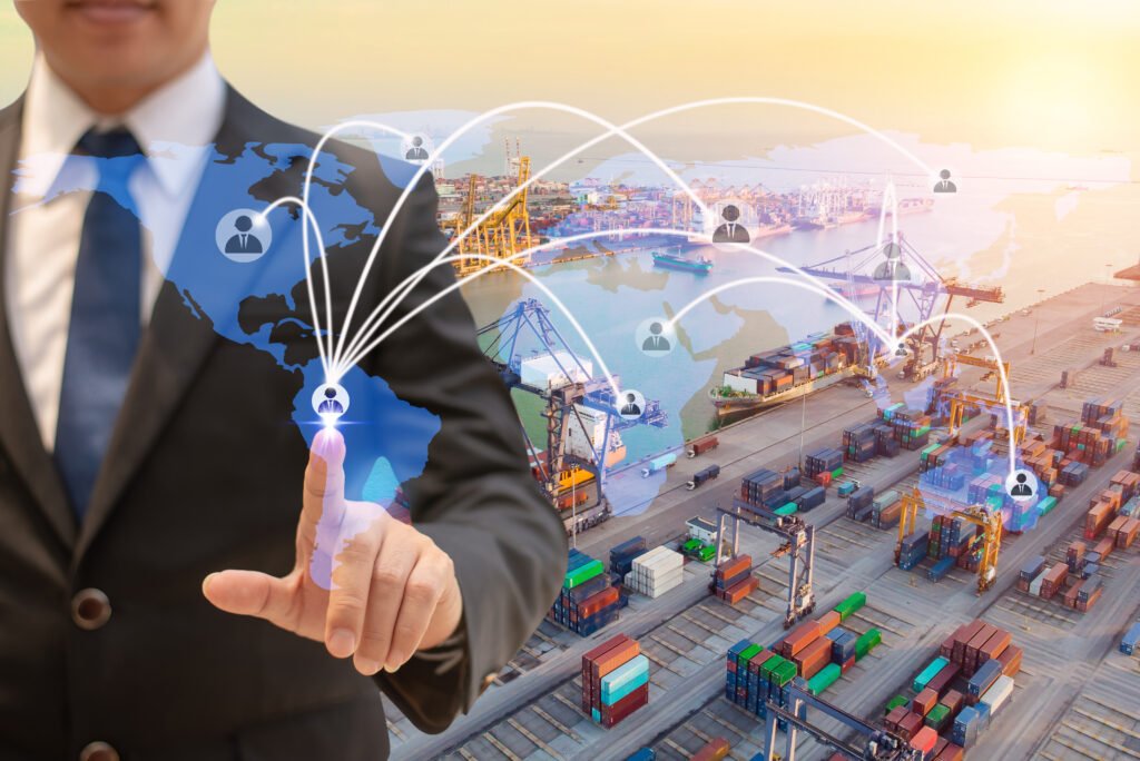 digital composite image businessman touching icon harbor