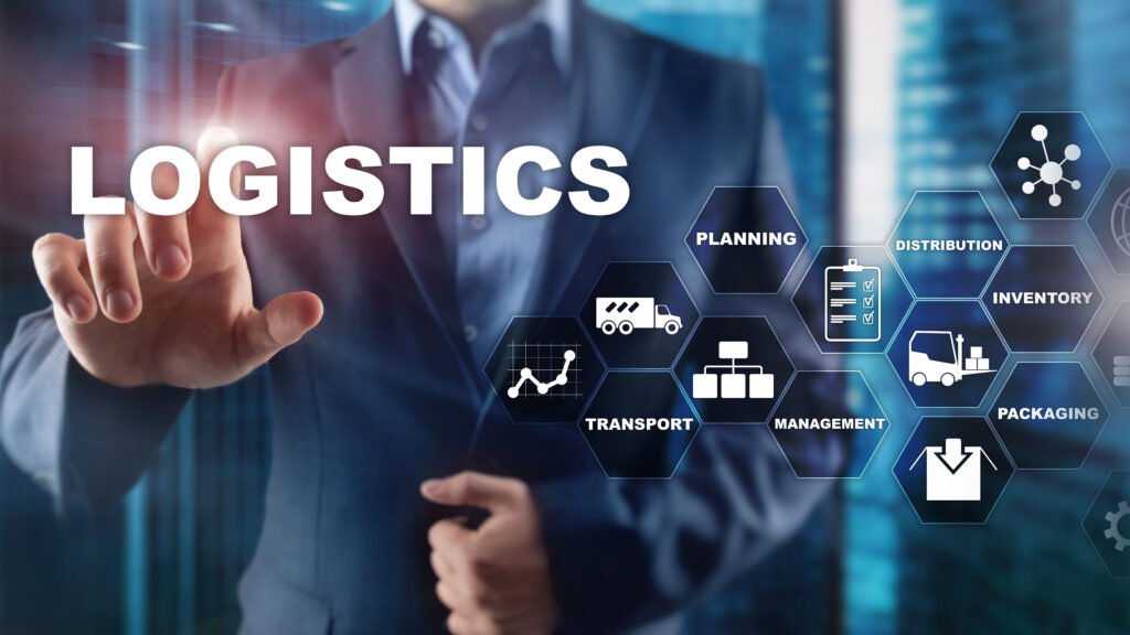 logistic and transport concept. businessman shows logistics diagram. online goods orders. goods delivery. mixed media.