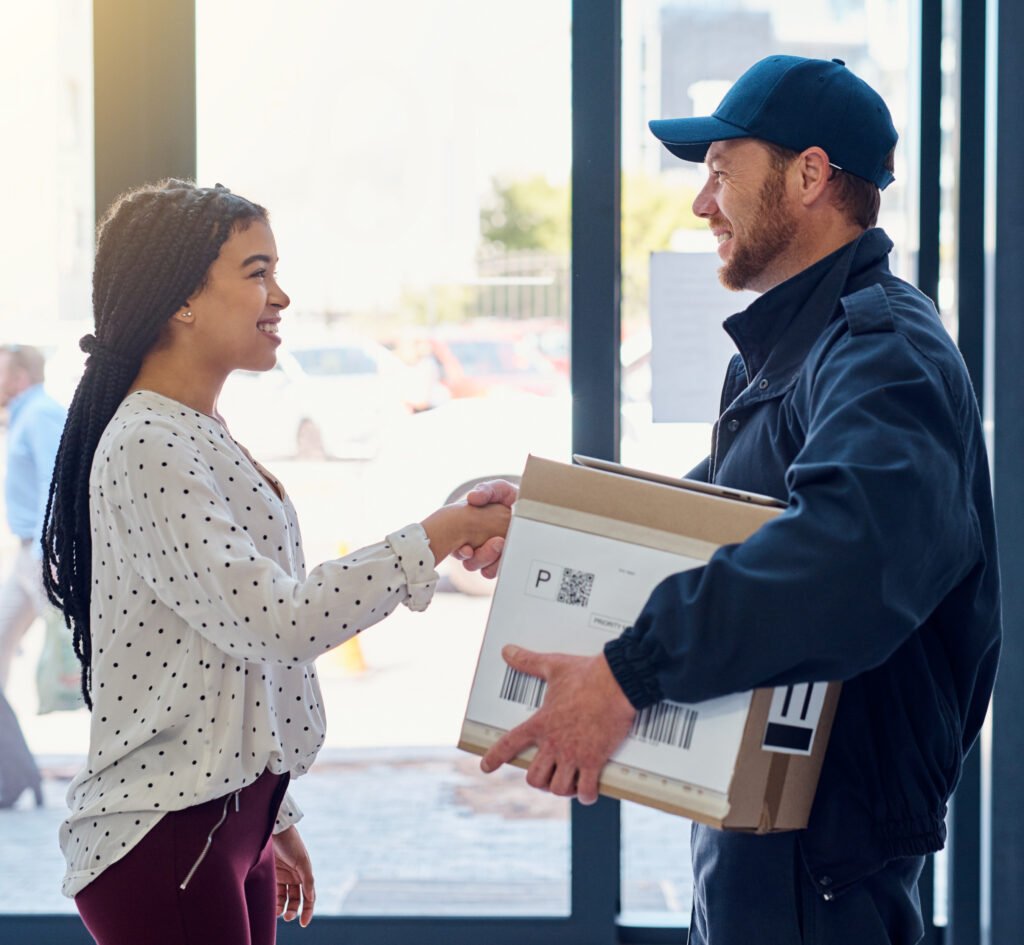 delivery man happy woman customer shaking hands ecommerce distribution online shopping people agreement greeting package box courier mail order shipping apartment